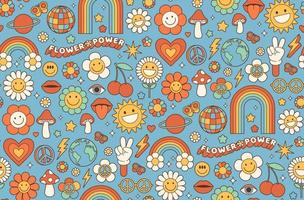 maravilloso fondo hippie de la década de 1970. flor de dibujos animados divertidos, arco iris, paz, amor, corazón, margarita, hongo. vector