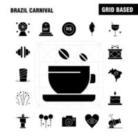 Brazil Carnival Solid Glyph Icon Pack For Designers And Developers Icons Of Tea Cup Coffee Tablet Currency Coin Money Cannon Vector