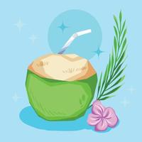 Young coconut ice, famous fresh drink in Indonesia on summer day in beach. Es kelapa muda cold natural fruit beverage vector illustration, isolated cartoon flat colored drawing on blue background.