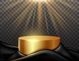 Gold podium with black textile illuminated by golden light on transparent background. Empty platform base stand. Vector illustration