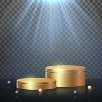 Gold podium illuminated by spotlight on transparent background. Empty platform base stand. Vector illustration