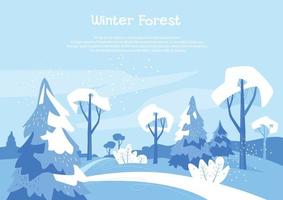 Winter landscape. Christmas trees and trees in the snow. Walk through the winter forest. Vector image.