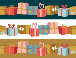 Gift boxes with ribbons. Seamless border for decoration. Festive mood. Vector image.