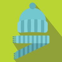 Blue knitted hat and scarf icon, flat style vector