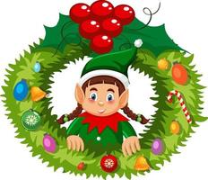 Elf Christmas wreath in cartoon style vector