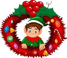 Elf Christmas wreath in cartoon style vector