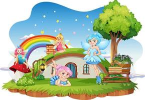 Fairies at hobbit house on white background vector