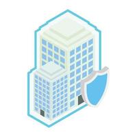 Building protect by shield icon, isometric 3d vector