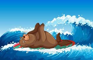 Sea lion on surfboard in the ocean vector