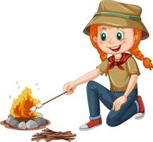 Camping girl roasting marshmallow vector