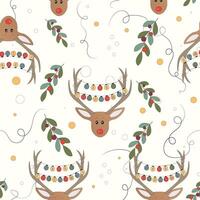 Christmas card with rudolf deer with lanterns hanging between its antlers vector