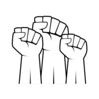 An illustration with three fists raised up. Hand outline. Isolated on white. vector