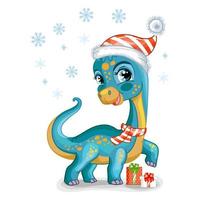 Christmas cute dinosaur diplodocus with gifts vector illustration