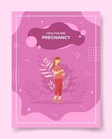 mujer embarazada o embarazada con flor para plantilla de pancartas, folletos, libros y portada de revista vector