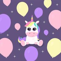 ilustración con lindo unicornio, globos, estrellas sobre fondo violeta oscuro. se puede usar como tarjeta o invitación o en forma impresa y tipográfica vector