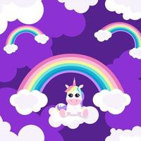 ilustración con lindo unicornio, arco iris y nubes. se puede usar como postal, afiche, en tipografía vector