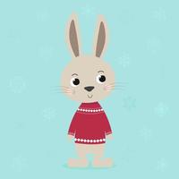 Illustration with a cute beige rabbit in red christmas sweater that stands on two legs on a blue background with snowflakes vector