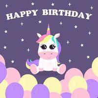 ilustración con lindo unicornio, globos, estrellas y texto feliz cumpleaños. se puede usar como tarjeta o invitación o en forma impresa y tipográfica vector