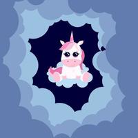 Illustration with cute unicorn and clouds. on dark blue background. It can be used like postcard, poster, in typography vector