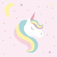 ilustración con lindo unicornio sobre fondo rosa con estrellas y luna. vector