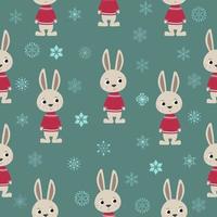 Seamless pattern with a cute rabbit in red christmas sweater  on a blue background with snowflakes vector