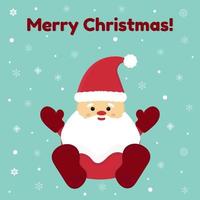 Retro style christmas card with cute santa and sack with gifts and text merry christmas on blue background with snowflakes vector