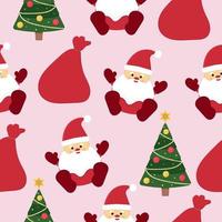 Seamless pattern with cute santa and sack with gifts, christmas tree on pink background vector