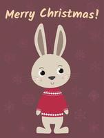 Christmas postcard with cute bunny in red sweater with text Merry Christmas on background with snowflakes vector