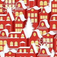 Seamless pattern with red houses in winter time. Christmas and New Year holidays. Creative vector background for fabric, textile, nursery wallpaper.