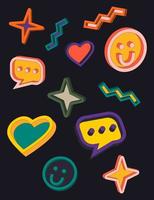 Set of bright symbols and icons in the style of pop art. Smile, heart, bubble. Bright colors. Fashionable modern style. Vector isolated editable flat illustration.