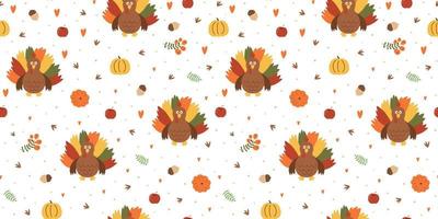 Thanksgiving day vector pattern with turkey, pumpkins illustration, fall leaves hand drawn in cute cartoon style. Autumn Thanksgiving seamless pattern, repeating background for dinner party.