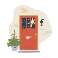 X-Mas decorated home front door. Christmas tree by the house door with Wreath and Deco for party. Postcard, invitation or poser for new year and Merry Christmas. vector