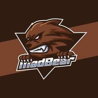 angry mad bear head logo mascot with shield label  for powerful e-sport and sport design vector