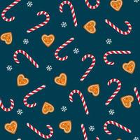 pattern with christmas candy cane caramel and gingerbread cookies, snowflakes vector