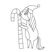 lindo pequeño unicornio con un bastón de caramelo. garabatear ilustración vectorial dibujada a mano aislada en blanco. contorno negro ideal para año nuevo, diseño navideño y libros para colorear. vector