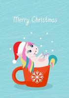 Greeting card with a cute little unicorn in a cup decorated with snowflake. Merry Christmas hand drawn lettering. Flat vector illustration.