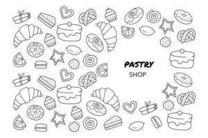 Hand drawn template with sweets such as cake, donut, cupcake, croissant. Illustration for pastry shop. vector