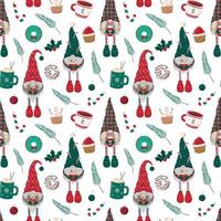 Cartoon Christmas gnomes with hot drinks, cookies, candy canes, and branches seamless pattern. Isolated on white background. Festive winter holiday wallpaper, digital paper vector