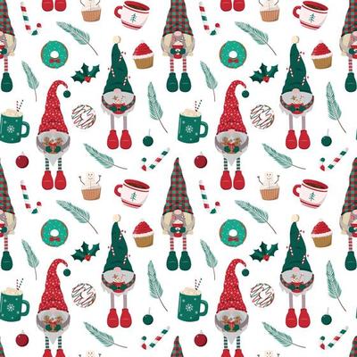 Cartoon Christmas gnomes with hot drinks, cookies, candy canes, and branches seamless pattern. Isolated on white background. Festive winter holiday wallpaper, digital paper