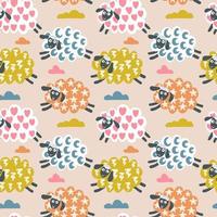 Funny sheep fly in the sky. Seamless pattern. Vector illustration