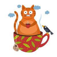 gato y café. un gato rojo se sienta en una taza de té y sostiene una taza de café en su pata. ilustración divertida con un gato. ilustración vectorial vector