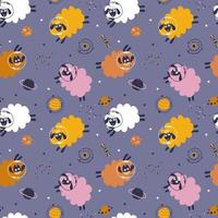 Funny sheep fly in space. Seamless pattern. Vector illustration