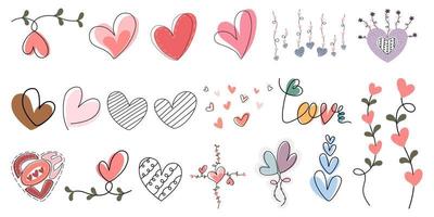 conjunto vectorial de elementos en forma de corazones diseñado en estilo doodle para decoración, pegatina, impresión digital, diseño de tarjetas, día de San Valentín, regalo y más. vector