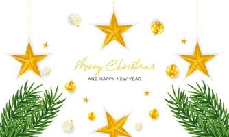 merry christmas and new year background with ball, star and tree decoration vector