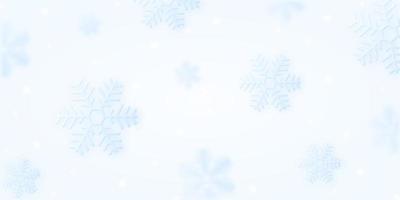 Christmas poster with falling snowflakes winter and bokeh lights on light blue background. Beautiful shiny flying 3d snowflakes. Horizontal template for Christmas, New Year holiday design vector