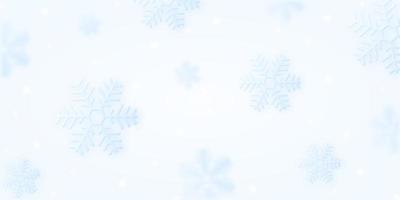 Christmas poster with falling snowflakes winter and bokeh lights on light blue background. Beautiful shiny flying 3d snowflakes. Horizontal template for Christmas, New Year holiday design vector