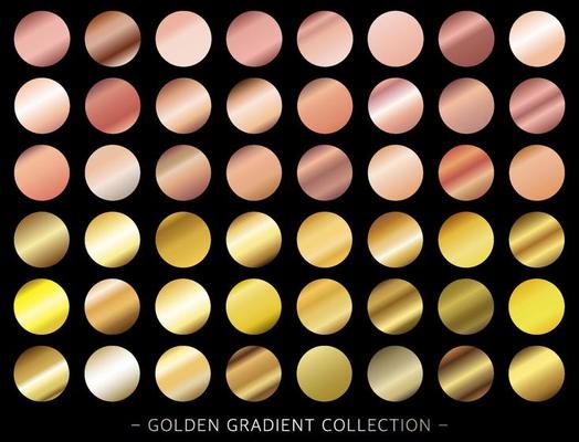 Golden gradient and rose-gold gradient collection, modern combinations of colors and shades. Color gradient palette in the form of circles. Vector.