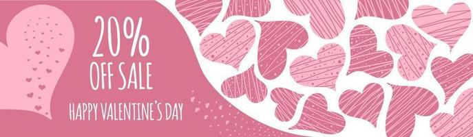 Valentine's Day Sale. Banner or poster with many pink hearts. Hand drawn vector illustration, EPS10.