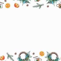 Christmas time seamless pattern frame for decorations, textile, greeting cards with, wreathes, oranges, mandarins, evergreen tree branches vector