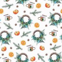 Seamless Christmas pattern watercolor holiday background with mandarins, wreathes, evergreen tree for giftpaper, textile, greeting cards, decorations vector